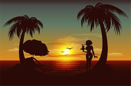 silhouette girl with umbrella - Evening sunset on tropical island. Sea, palm trees, silhouette of girl with drink. Illustration in vector format Stock Photo - Budget Royalty-Free & Subscription, Code: 400-08648549