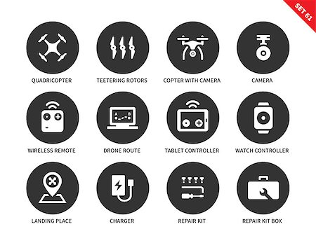 Flying drone vector icons set. Technology and remote control items, equipment, quadrocopters, drones, remote control, camera, tablet, repair kit box. Isolated on white background Stock Photo - Budget Royalty-Free & Subscription, Code: 400-08648631