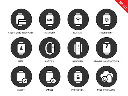 Business smartwatch vector icons set. Finance, security and protection items, credit card, password, payment, fingerprint, user, accept. Isolated on white background Stock Photo - Budget Royalty-Free & Subscription, Code: 400-08648632