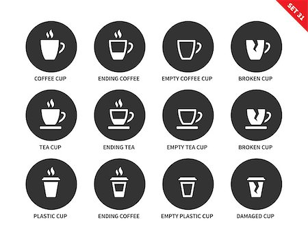 Coffee and tea cups vector icons set. Hot drinking and relax concept. Items for advertising in restaurants and cafes, ending coffee cups, plastic, empty and damaged cups. Isolated on white background Stock Photo - Budget Royalty-Free & Subscription, Code: 400-08648643