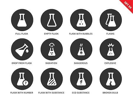 simsearch:400-07091851,k - Flask vector icons set. Chemical tools. Icons for laboratories, science concept, full and empty flasks, radiation, explosive, flasks with substances and broken flask. Isolated on white background Stock Photo - Budget Royalty-Free & Subscription, Code: 400-08648655