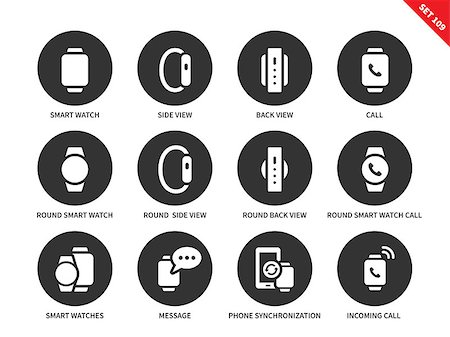 simsearch:400-08152542,k - Smartwatch vector icons set. Future technology and communication concept, side and back view, call, message, phone, incoming call. Isolated on white background Stock Photo - Budget Royalty-Free & Subscription, Code: 400-08648657