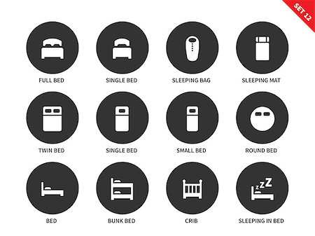 simsearch:400-08933543,k - Hotel beds vector icons set for tourists, full bed, single bed, sleeping bag and mat, bunk bed, crib and round bed. Hotel sleep signs. Isolated on white background Foto de stock - Super Valor sin royalties y Suscripción, Código: 400-08648662