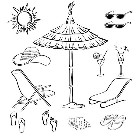 Set objects represent summer, exotic and a beach, black contour on white background. Vector Stock Photo - Budget Royalty-Free & Subscription, Code: 400-08648695