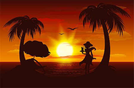 silhouette girl with umbrella - Evening sunset on sea. Sea, palm trees, silhouette of girl with drink. Illustration in vector format Stock Photo - Budget Royalty-Free & Subscription, Code: 400-08648774