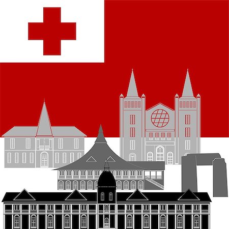 National flag of Tonga and architectural attractions. The illustration on a white background. Foto de stock - Super Valor sin royalties y Suscripción, Código: 400-08648779