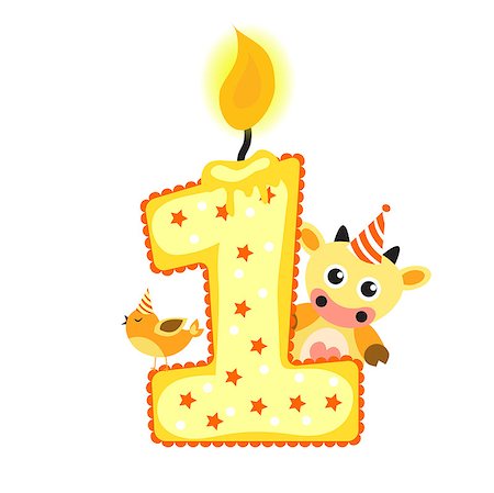 Happy First Birthday Candle and Animals Isolated on white, birthday 1 year, children's card. greeting card vector Photographie de stock - Aubaine LD & Abonnement, Code: 400-08648848