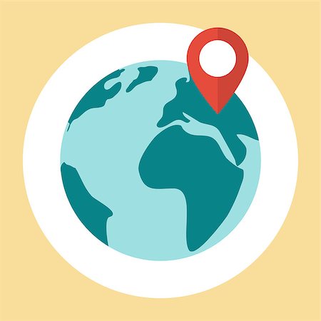 Flat planet earth icon. Pin map icon on globe Stock Photo - Budget Royalty-Free & Subscription, Code: 400-08648906