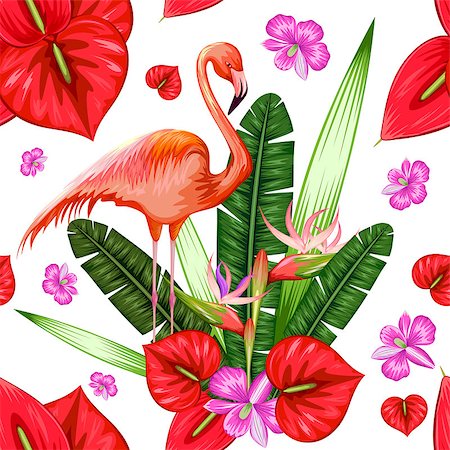 illustration of seamless pattern with exotic tropical flower and flamingo Stock Photo - Budget Royalty-Free & Subscription, Code: 400-08648912