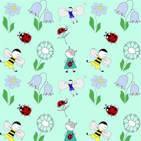 phantom1311 (artist) - summer pattern with children, flowers and beetles Stock Photo - Budget Royalty-Free & Subscription, Code: 400-08648969