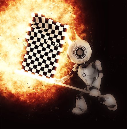 simsearch:400-06560748,k - 3D render of a robot with a chequered flag and explosion effect Foto de stock - Royalty-Free Super Valor e Assinatura, Número: 400-08649067