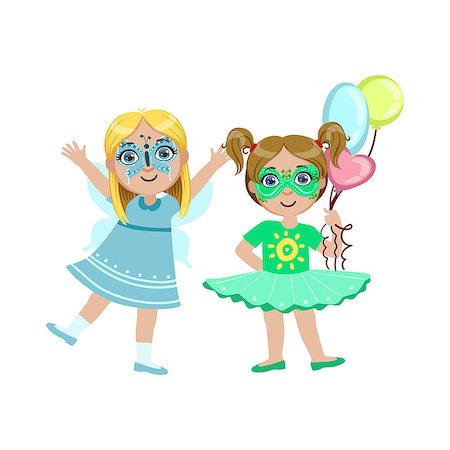 Two Girls With Painted Faces Bright Color Cartoon Childish Style Flat Vector Drawing Isolated On White Background Stock Photo - Budget Royalty-Free & Subscription, Code: 400-08649306