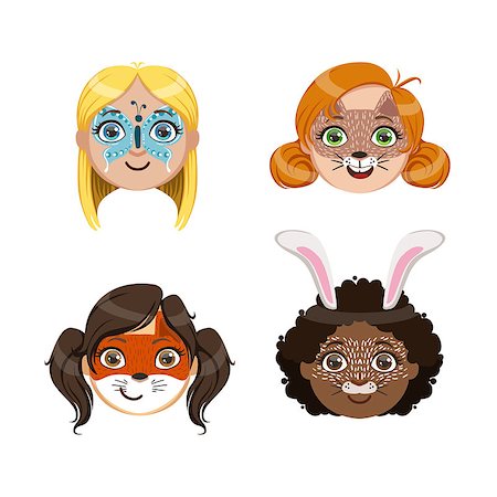 Girls Portraits With Painted Faces Bright Color Cartoon Childish Style Flat Vector Drawings Isolated On White Background Stock Photo - Budget Royalty-Free & Subscription, Code: 400-08649302