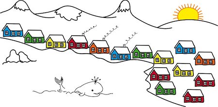 Sketch Iceland and colored houses, floating whale, drawing Stock Photo - Budget Royalty-Free & Subscription, Code: 400-08649598