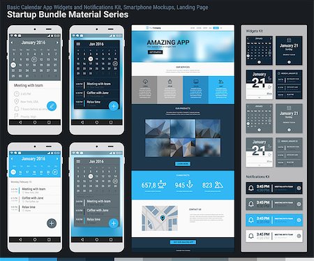 simsearch:400-08645953,k - Material design responsive pixel perfect UI mobile calendar app, widgets and notifications kit, smartphone mockups and website landing page template with trendy blurred header background. Startup Bundle Material Series Stock Photo - Budget Royalty-Free & Subscription, Code: 400-08649592