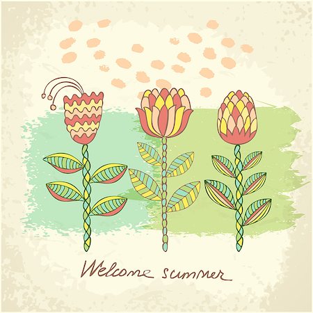 simsearch:400-07552577,k - Vector hand drawn floral template card. Doodle summer background. Design for banner, poster, card, invitation, placard, brochure, flyer. Photographie de stock - Aubaine LD & Abonnement, Code: 400-08649608