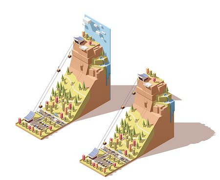 simsearch:400-04303416,k - Vector Isometric travel and vacations icon or infographic element representing cableway traveling to the viewing platform on the mountain, waterfall, cable cars over the forest and road Stock Photo - Budget Royalty-Free & Subscription, Code: 400-08649916