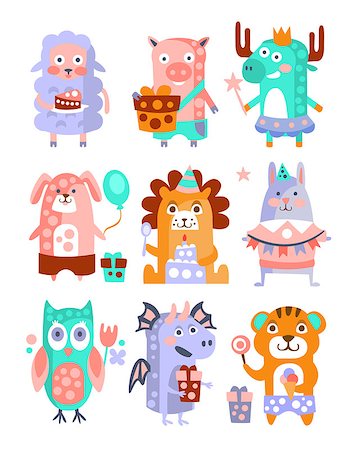 simsearch:400-08651005,k - Stylized Funky Animals Birthday Party Sticker Set. Stylized Colorful Flat Vector Illustrations For Kids On White Background, Stock Photo - Budget Royalty-Free & Subscription, Code: 400-08654075