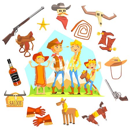 Family Dressed As Cowboys Surrounded By Wild West Related Objects Cool Colorful Vector Illustration In Stylized Geometric Cartoon Design Foto de stock - Super Valor sin royalties y Suscripción, Código: 400-08654085