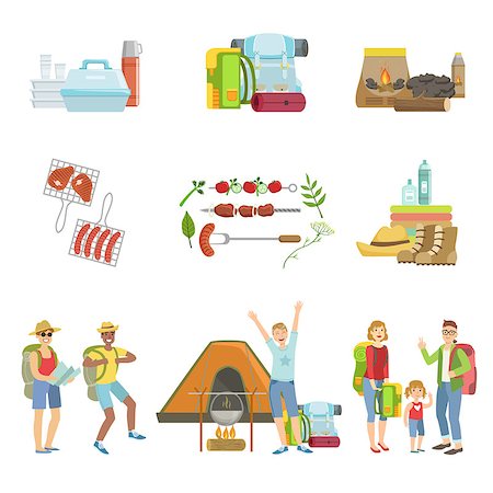 People Camping And Their Equipment Set Of Simple Childish Flat Colorful Illustrations On White Background Photographie de stock - Aubaine LD & Abonnement, Code: 400-08654088