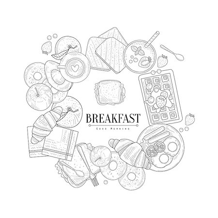 simsearch:400-08654097,k - Breakfast Food Framing The Text Hand Drawn Realistic Detailed Sketch In Classy Simple Pencil Style On White Background Foto de stock - Super Valor sin royalties y Suscripción, Código: 400-08654095