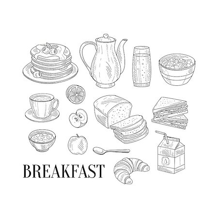 pencil illustration - Breakfast Related Isoated Food Items Hand Drawn Realistic Detailed Sketch In Classy Simple Pencil Style On White Background Stock Photo - Budget Royalty-Free & Subscription, Code: 400-08654096