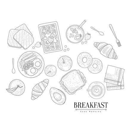 simsearch:400-08776897,k - Breakfast Food Isolated Drawings Set Hand Drawn Realistic Detailed Sketch In Classy Simple Pencil Style On White Background Stockbilder - Microstock & Abonnement, Bildnummer: 400-08654099