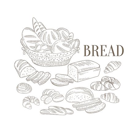 simsearch:400-08654097,k - Bread Basket And Other Bakery Products Hand Drawn Realistic Detailed Sketch In Classy Simple Pencil Style On White Background Foto de stock - Super Valor sin royalties y Suscripción, Código: 400-08654090