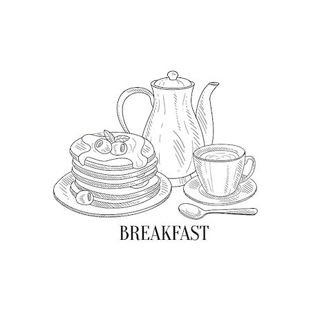 simsearch:400-08654097,k - American Breakfast With Pancakes And Coffee Hand Drawn Realistic Detailed Sketch In Classy Simple Pencil Style On White Background Stockbilder - Microstock & Abonnement, Bildnummer: 400-08654092