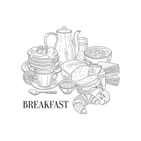 simsearch:400-08654097,k - Breakfast Traditional Food And Drink Hand Drawn Realistic Detailed Sketch In Classy Simple Pencil Style On White Background Foto de stock - Super Valor sin royalties y Suscripción, Código: 400-08654093