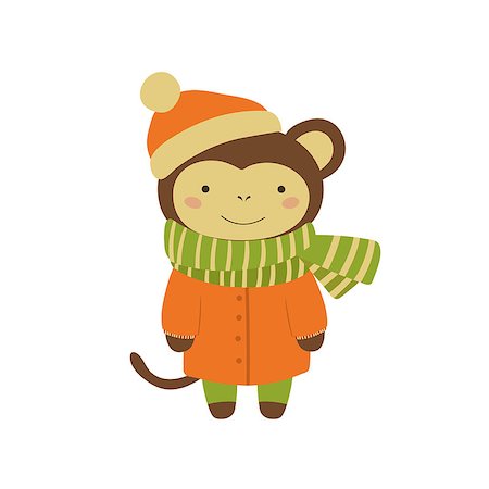 simsearch:400-08712142,k - Monkey In Orange Warm Coat Adorable Cartoon Character. Stylized Simple Flat Vector Colorful Drawing On White Background. Stockbilder - Microstock & Abonnement, Bildnummer: 400-08654119