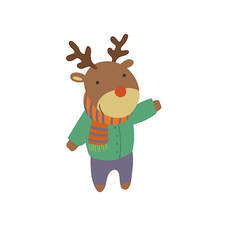 simsearch:400-08712142,k - Deer In Green Warm Coat Adorable Cartoon Character. Stylized Simple Flat Vector Colorful Drawing On White Background. Stockbilder - Microstock & Abonnement, Bildnummer: 400-08654125