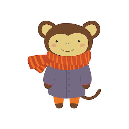 simsearch:400-08712142,k - Monley In Blue Warm Coat Adorable Cartoon Character. Stylized Simple Flat Vector Colorful Drawing On White Background. Stockbilder - Microstock & Abonnement, Bildnummer: 400-08654123