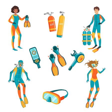 simsearch:400-08503188,k - People, Scuba Diving And Free diving Gear Bright Color Cartoon Simple Style Flat Vector Set Of Stickers Isolated On White Background Stock Photo - Budget Royalty-Free & Subscription, Code: 400-08654153