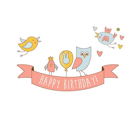 Birds On Happy Birthday Party Banner Light Color Flat Cute Illustration In Childish Outlined Vector Design Stock Photo - Budget Royalty-Free & Subscription, Code: 400-08654197