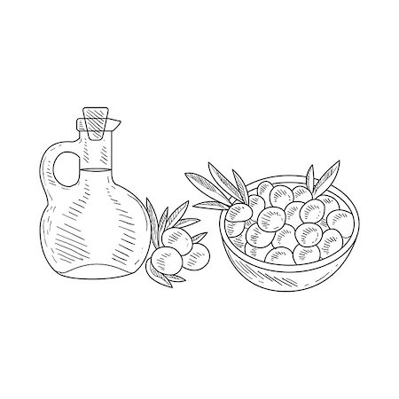 Olives And Jug Of Olive Oil Hand Drawn Realistic Detailed Sketch In Classy Simple Pencil Style On White Background Stock Photo - Budget Royalty-Free & Subscription, Code: 400-08654225