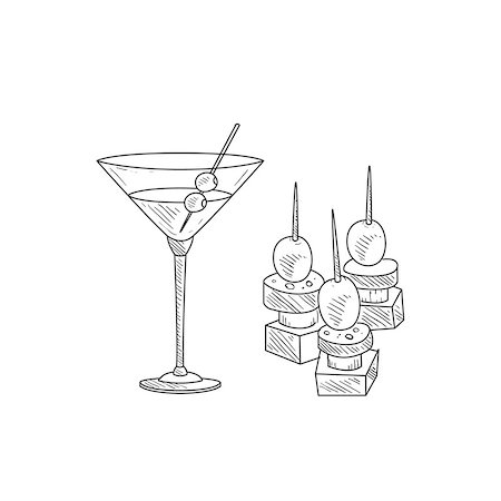 simsearch:400-08654097,k - Martini Cocktail With Olive And Canape Hand Drawn Realistic Detailed Sketch In Classy Simple Pencil Style On White Background Foto de stock - Super Valor sin royalties y Suscripción, Código: 400-08654229
