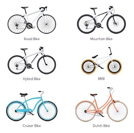 Set of the different vector bicycles - road bike, bmx, mountain bike, hybrid, cruiser bike and Dutch bicycle Stock Photo - Budget Royalty-Free & Subscription, Code: 400-08654243