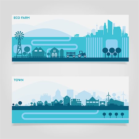 Vector horizontal banners skyline Kit with various parts of city - factories, refineries, power plants and small towns or suburbs. Illustration divided on layers for create parallax effect Stock Photo - Budget Royalty-Free & Subscription, Code: 400-08650105