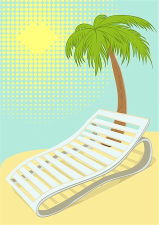 resort outdoor bed - Sunbed under palm tree on tropical beach. Retro cartoon illustration Foto de stock - Super Valor sin royalties y Suscripción, Código: 400-08650230