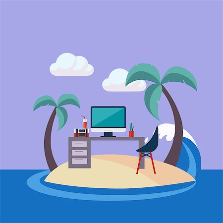 palm tree and office - Home Office On The Small Island Flat Vector Illustration In Bright Colorful Simplified Infographic Style Stock Photo - Budget Royalty-Free & Subscription, Code: 400-08650328