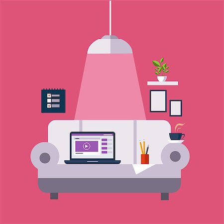 simsearch:400-08613671,k - Freelance Office On The Sofa Flat Vector Illustration In Bright Colorful Simplified Infographic Style Stock Photo - Budget Royalty-Free & Subscription, Code: 400-08650321