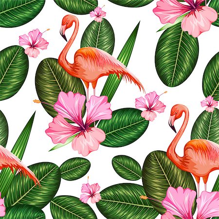 illustration of seamless pattern with exotic tropical flower and flamingo Foto de stock - Super Valor sin royalties y Suscripción, Código: 400-08650566