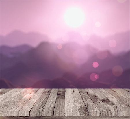 3D render of a wooden table looking out to a defocussed mountain landscape Photographie de stock - Aubaine LD & Abonnement, Code: 400-08650658