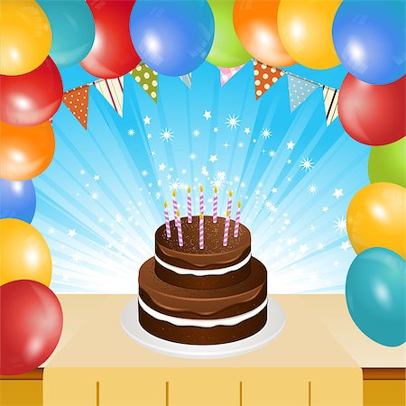 Birthday Chocolate Cake with Candles on Table Top with Balloons Frame and Star Burst Background Photographie de stock - Aubaine LD & Abonnement, Code: 400-08650680