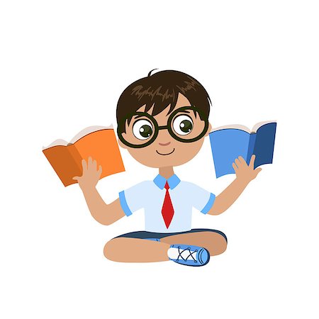 Boy Reading Two Books At The Same Time Colorful Simple Design Vector Drawing Isolated On White Background Fotografie stock - Microstock e Abbonamento, Codice: 400-08650953