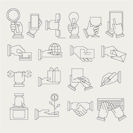 Hands With Different Objects Set Of Simple Contour Vector Icons On Grey Background Photographie de stock - Aubaine LD & Abonnement, Code: 400-08650972