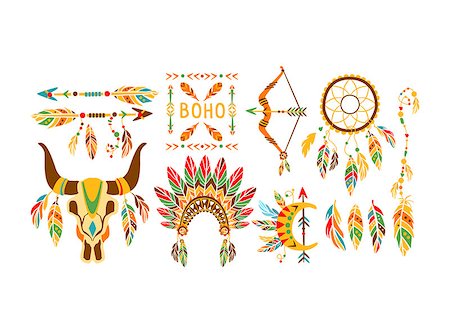 simsearch:400-08934682,k - American Indian Ethnic Elements Boho Style Design Collection Of Multicolor Flat Trendy Icons Isolated On White Background Stock Photo - Budget Royalty-Free & Subscription, Code: 400-08651106