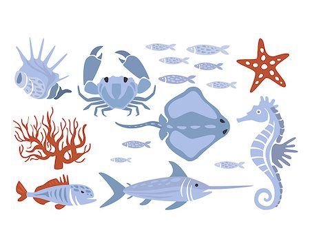simsearch:400-07224238,k - Stylized Underwater Nature Set Of Icons In Flat Atristic Vector Design On White Background Stock Photo - Budget Royalty-Free & Subscription, Code: 400-08651108