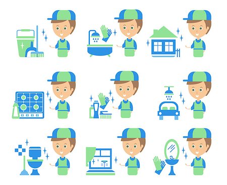 simsearch:400-07053921,k - Cleaning Service Man And Finished Tasks Set Of Illustrations In Stylized Simplified Flat Vector Cartoon Stickers Photographie de stock - Aubaine LD & Abonnement, Code: 400-08651102
